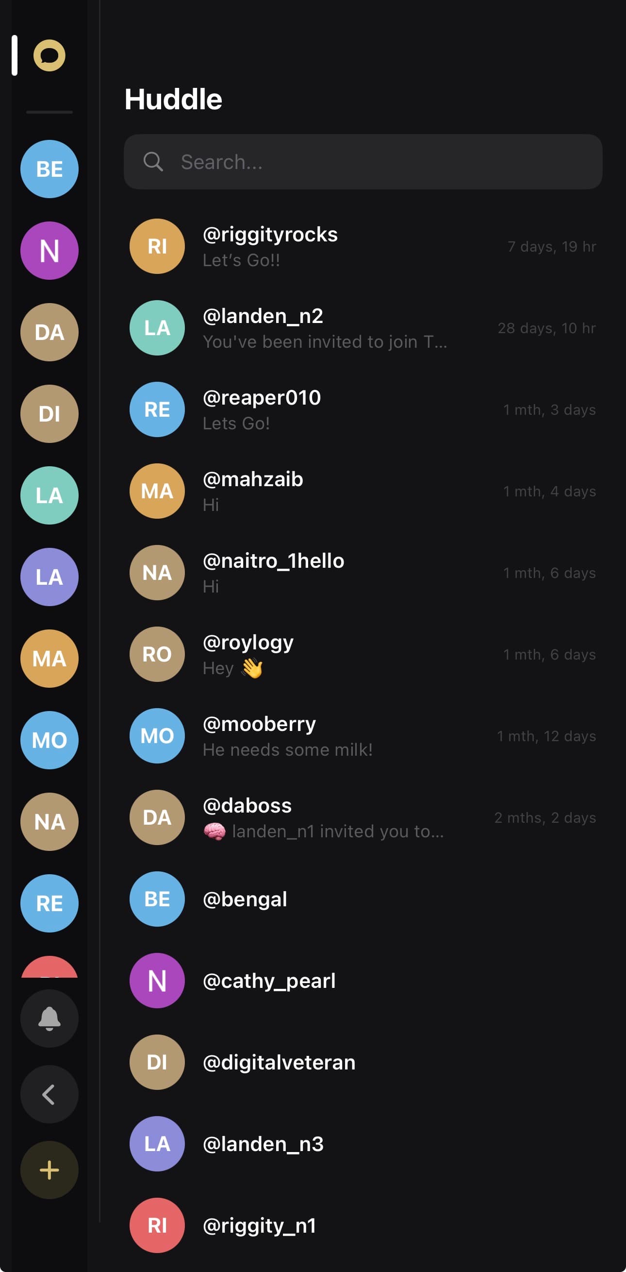 The N1 Huddle screen showing direct message conversations with friends and crew invites.