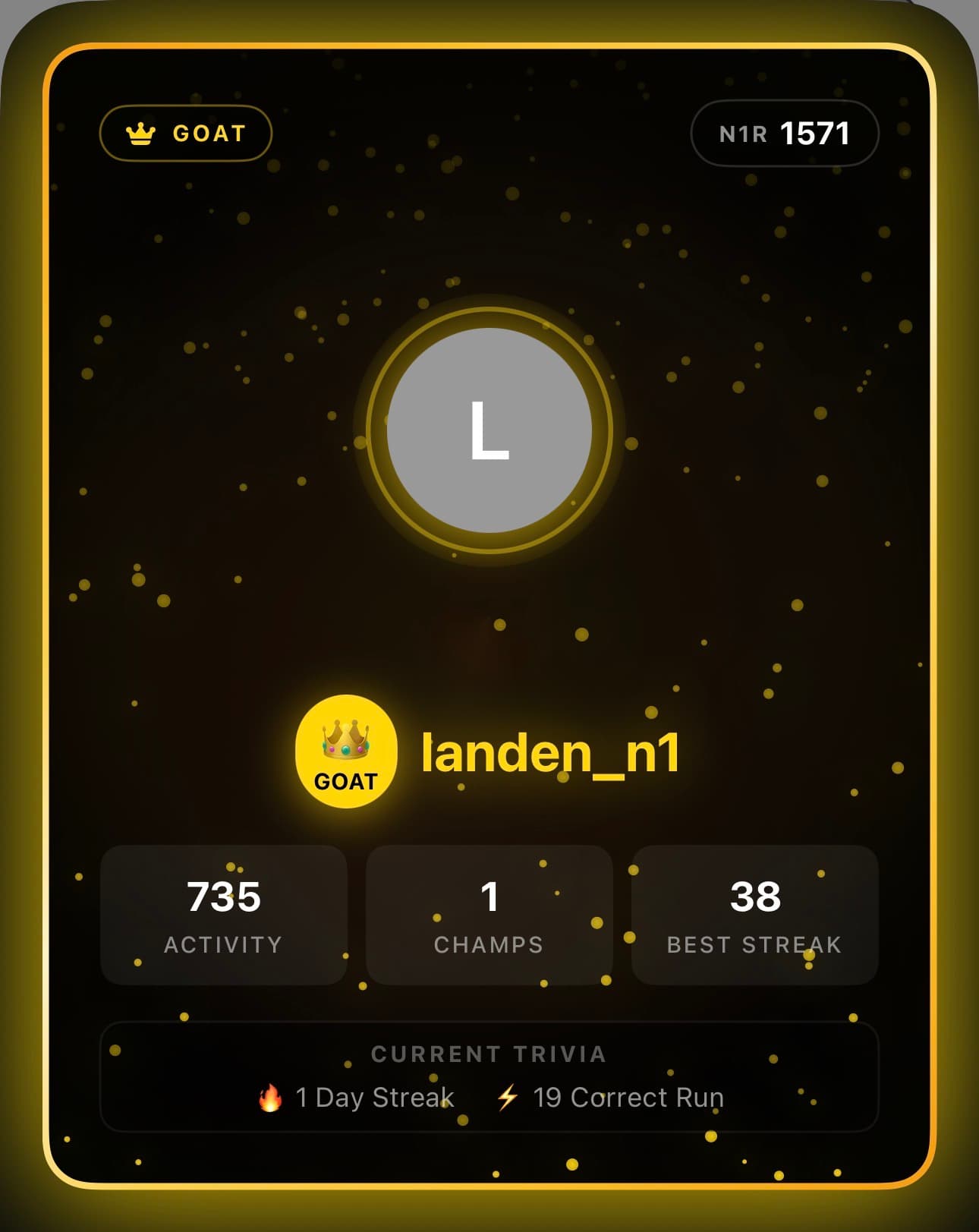 A N1 GOAT rank card for landen_n1 showing 1571 N1R, 735 activity, 1 championship, and a 38-game best streak.