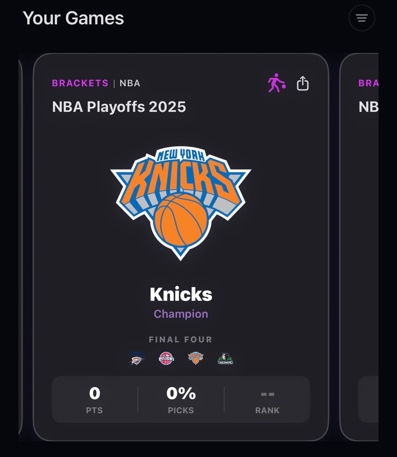 The N1 Your Games screen showing an active NBA Playoffs 2025 bracket with the Knicks picked as champion.